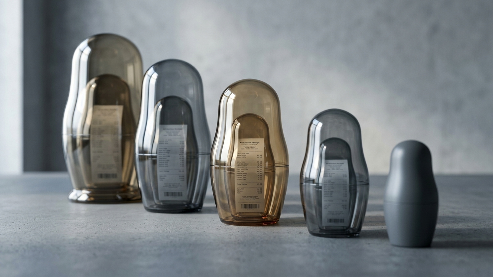 Translucent nesting dolls representing charges for each additional account.